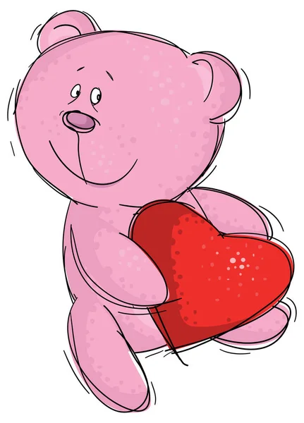 Pink Bear Big Red Heart — Stock Vector
