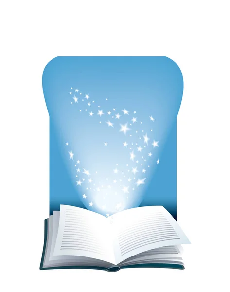 Open Magic Book Flying Shining Stars — Stock vektor