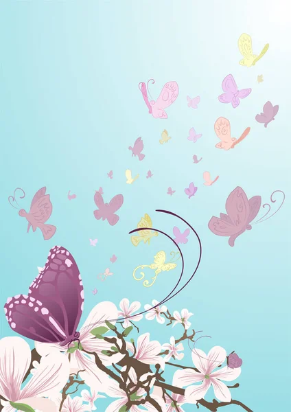 Schmetterlinge Auf Der Flucht Vor Schönen Blumen Auf Einem Baum — Stockvektor