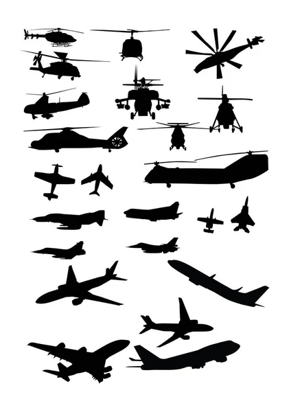 各种直升机和黑色飞机的轮廓 — 图库矢量图片