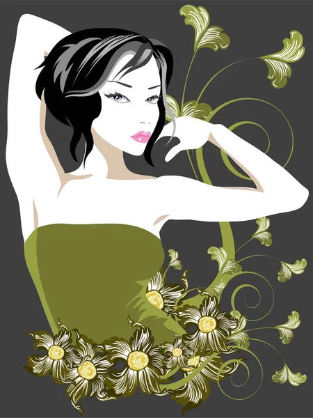Éléments Floraux Avec Dame Fantaisie — Image vectorielle