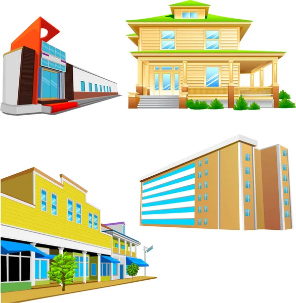 Varios Edificios Casas Oficinas — Vector de stock