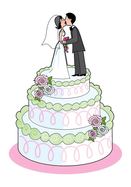 カップルの結婚式のケーキの上にキス — ストックベクタ
