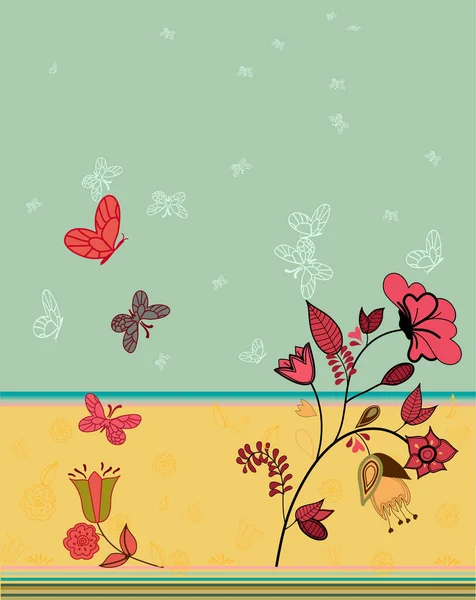 Rozmarné Paiinting Představující Roztomilé Abstraktní Květiny Motýly Pruhovaném Pozadí — Stockový vektor