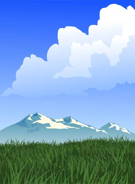 Verde Prato Coperto Che Affaccia Una Montagna Innevata Grandi Nuvole — Vettoriale Stock