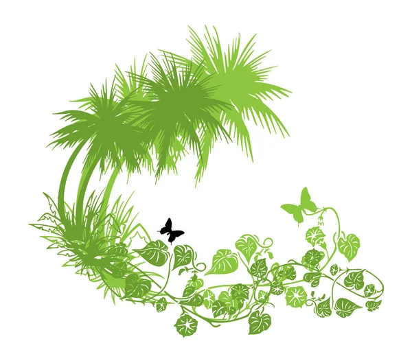 White Background Green Palms Butterflis Exotical Summer Design Element — Stock Vector
