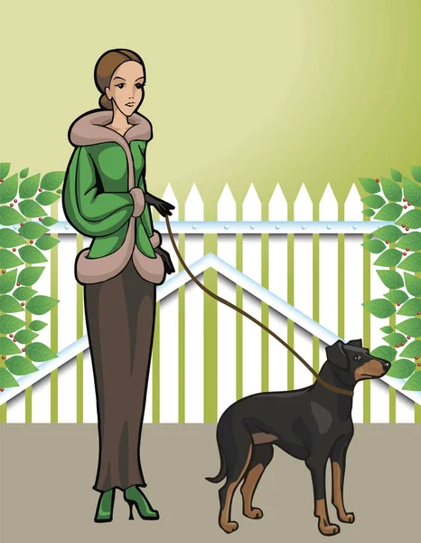 Süslü Bir Kadın Kahverengi Bir Köpekle Kapının Önünde Duruyor — Stok Vektör