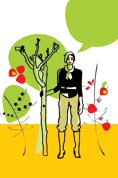 Bahar Bahçesinde Şık Giyimli Genç Kadın Bir Elma Ağacı Koyuyor — Stok Vektör