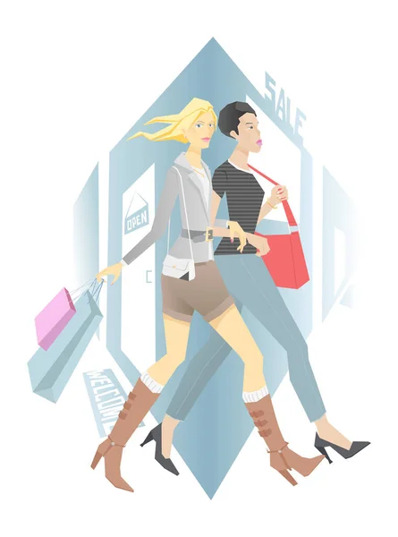 Zwei Mädchen Beim Gemeinsamen Einkaufen — Stockvektor
