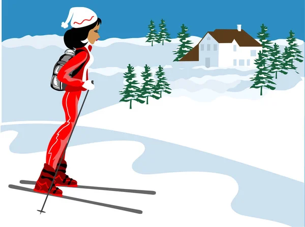 Miss Boo Beim Skifahren Aspen Roten Skianzug — Stockvektor