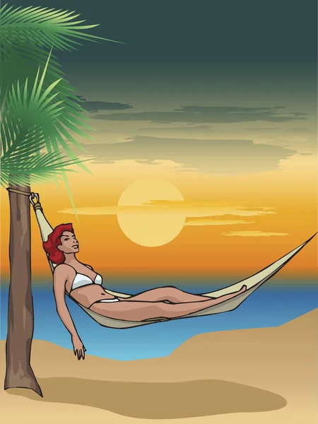 一个年轻女子躺在吊床上 夕阳西下 — 图库矢量图片