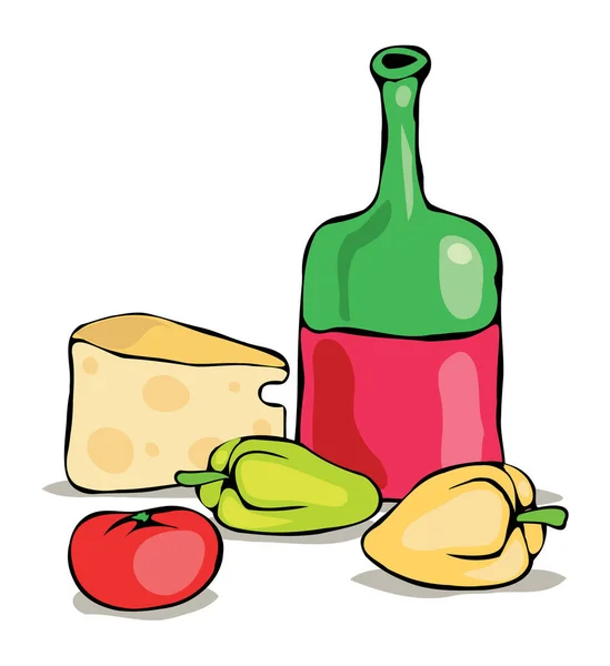 Still Life Vegetables Cheese Bottle Wine — Stock Vector