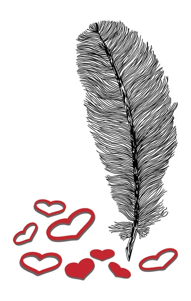 Illustration Plume Noir Blanc Avec Coeurs Rouges — Image vectorielle