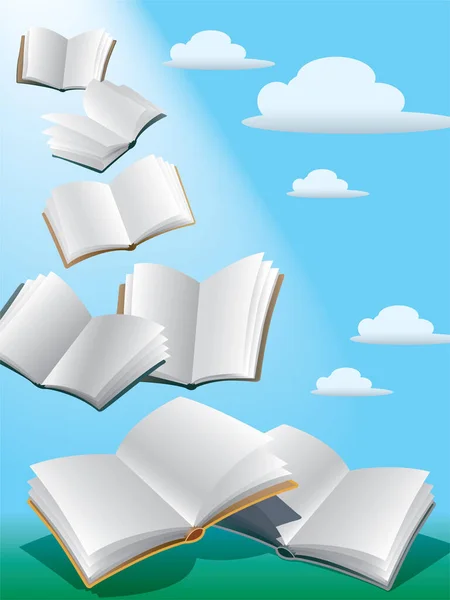 Abrir Libros Voladores Cielo Con Sol — Vector de stock