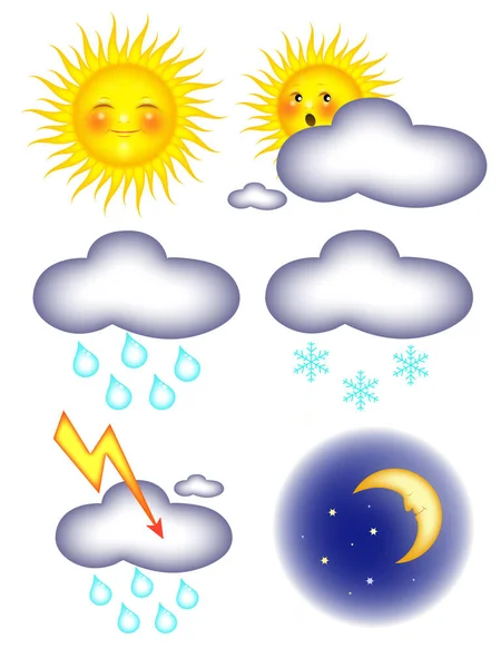 Признаки Погоды Солнце Облачность Дождь Снег Ночь Молния Формат Eps — стоковый вектор