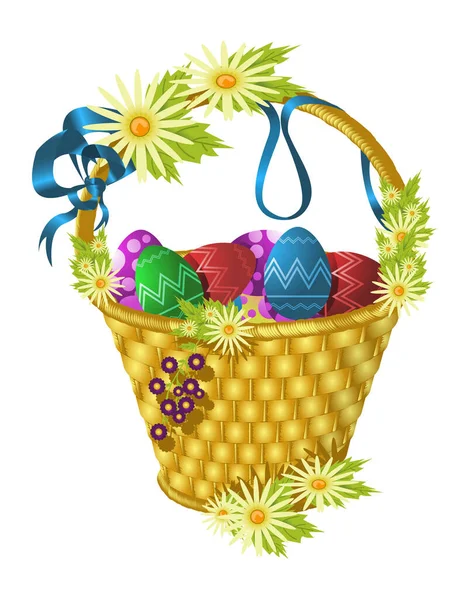 复活节篮子鸡蛋和鲜花 — 图库矢量图片