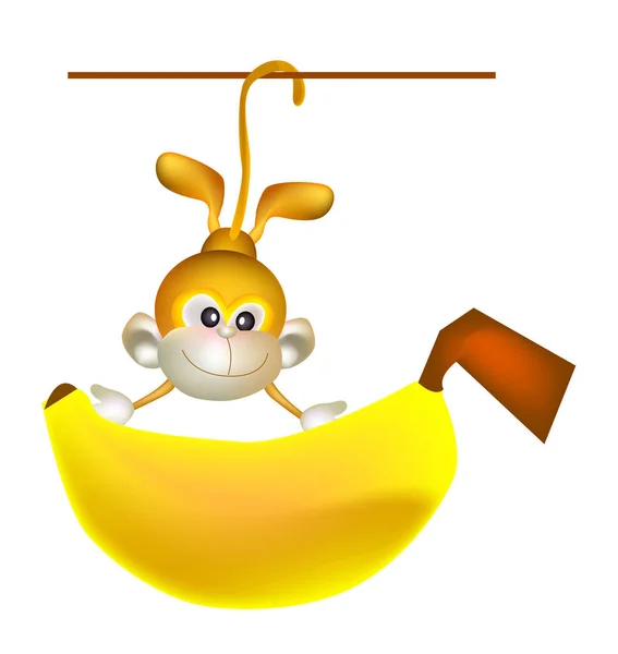Illustrazione Vettoriale Una Scimmia Appesa Con Mano Una Grande Banana — Vettoriale Stock