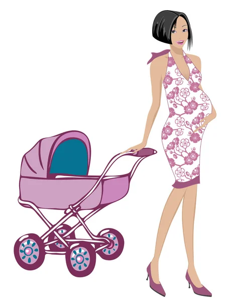 Embarazada Mamá Con Lindo Vestido Arrastrando Cochecito Rosa — Vector de stock