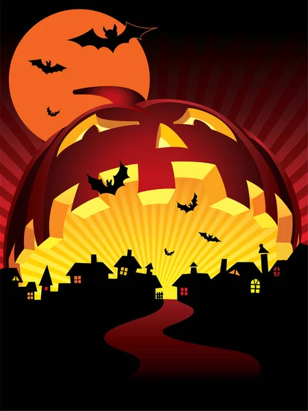Gran Calabaza Halloween Sobre Una Ciudad Demoníaca — Vector de stock