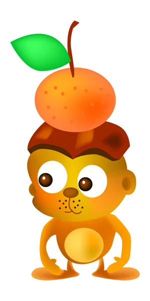 Vektorillustration Für Einen Affen Der Eine Mandarine Auf Den Kopf — Stockvektor