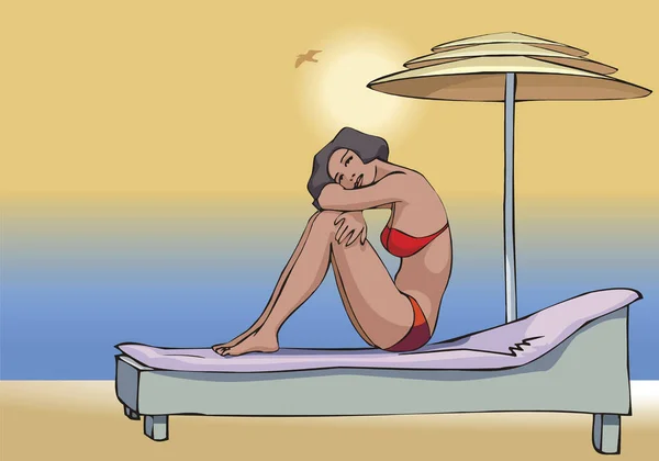 Μια Νεαρή Κυρία Κάθεται Μια Ξαπλώστρα Στην Παραλία Χαρούμενο Πρόσωπο — Διανυσματικό Αρχείο