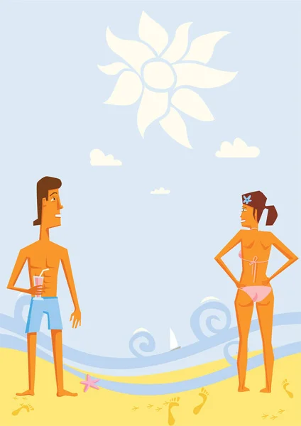男子和妇女站在海滩的海岸线上 — 图库矢量图片