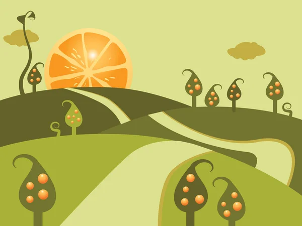 Illustration Orange Trees Hill — Stock Vector