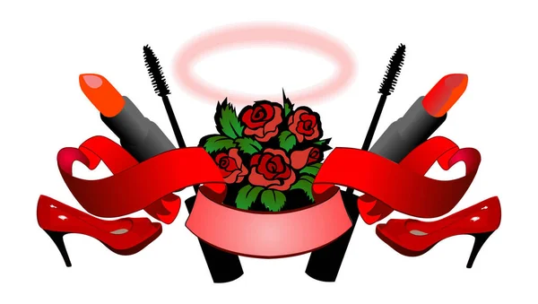 Red Roses High Heels Lipstick Mascara Scroll Nimbus Woman Essence - Stok Vektor