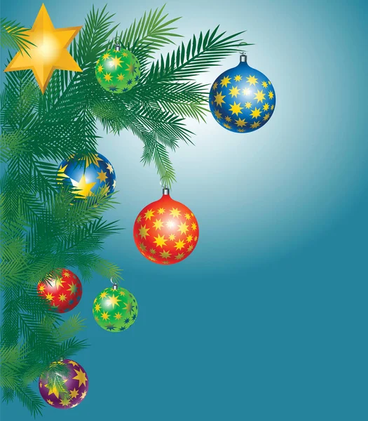 Jul Träd Med Färgglada Prydnadsföremål Över Blå Bakgrund — Stock vektor