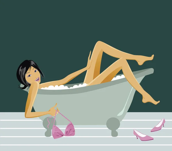 Illustration Woman Bathing Vintage Bathtub — Stock Vector