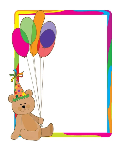 Teddy Bear Holding Bouquet Balloons Colorful Border Surrounds Bear — Stock Vector