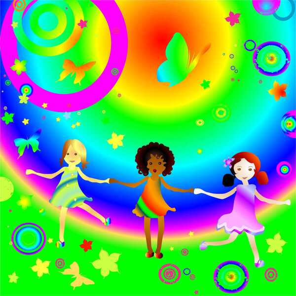 Group of kids on abstract background with flowers and butterflies