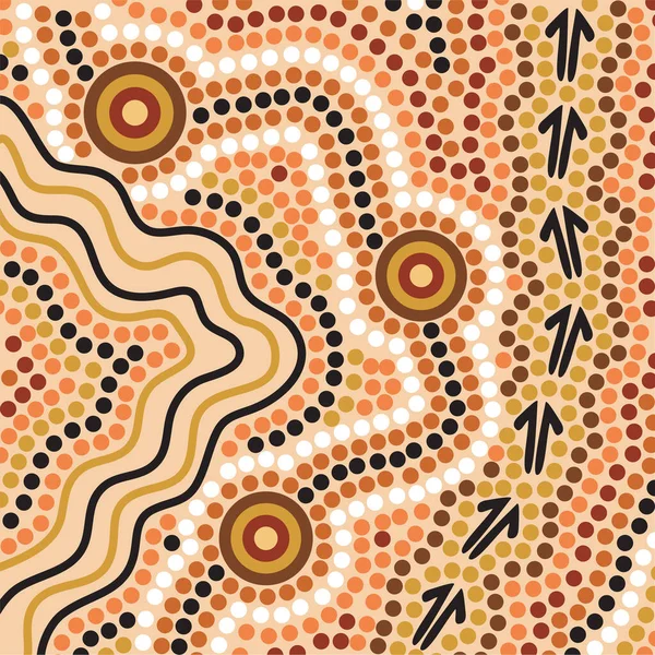 Hand Drawn Aboriginal Abstract Depicting Flowing Water Kangaroo Tracks Waterholes — Stock Vector