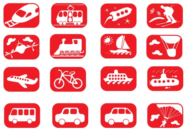 Set Icone Trasporto Rosso Bianco Venti — Vettoriale Stock
