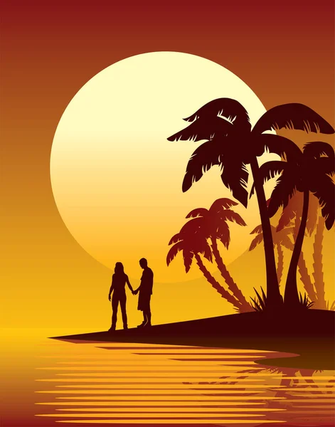 Ζευγάρι Κοιτάζοντας Ηλιοβασίλεμα Τροπικό Νησί Φοίνικες Μια Παραλία — Διανυσματικό Αρχείο