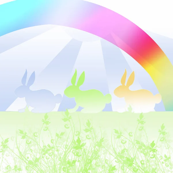 Three Pastel Coloured Easter Bunnies Spring Rainbow Pastel Grass Surface — Stock Vector