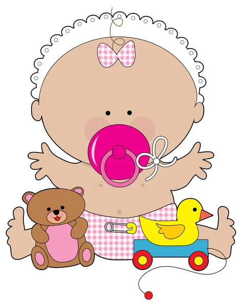 Baby Girl Huge Pacifier Her Mouth — Stock Vector
