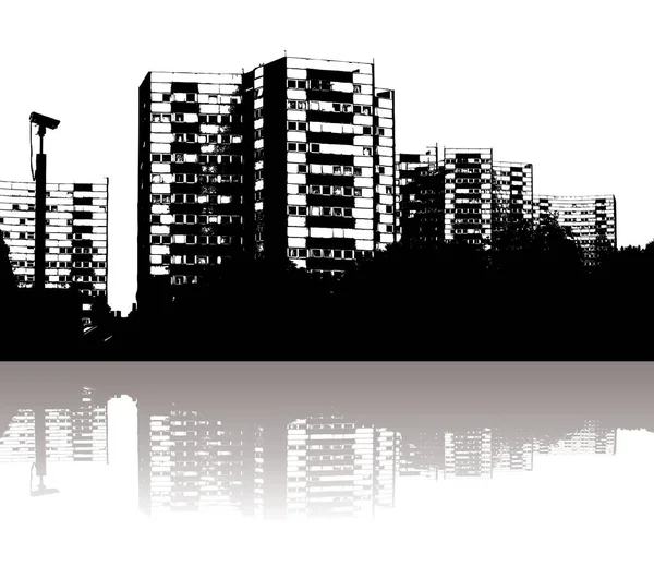 Ilustrace Panorama Města Odrazem Černé Bílé — Stockový vektor