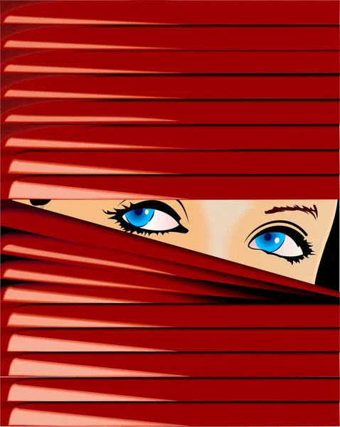Menina Olhos Azuis Olha Por Causa Jalousie Vermelho — Vetor de Stock