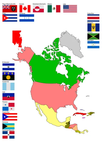 Mapa América Norte Central Com Bandeiras Países —  Vetores de Stock