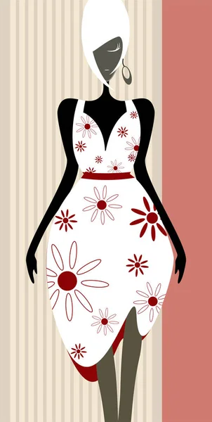 Una Ilustración Vectorial Modelo Vestido Floral Blanco Sobre Fondo Rayas — Vector de stock