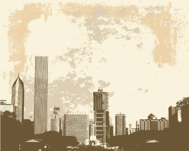 Grunge tarzı Chicago manzarası Buckingham Çeşmesinden ufuk çizgisi