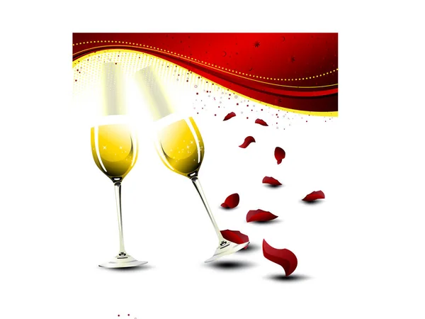 Two Glasses Champagne Falling Rose Petals Vector Eps Illustration — Stock Vector