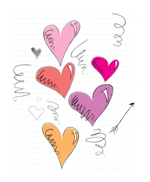 Hearts Doodled Lined Paper — Stock Vector