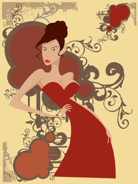 Elegant Red Dressed Woman Red Lonn Hair Background Contains Design — Stock Vector