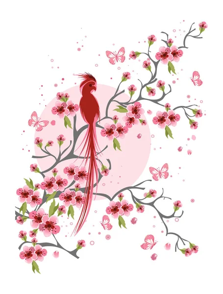 Fleurs Cerisier Fond Oiseau — Image vectorielle