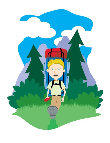 Happy Boy Backpack Hiking Forest Cartoon Vector — Stock Vector