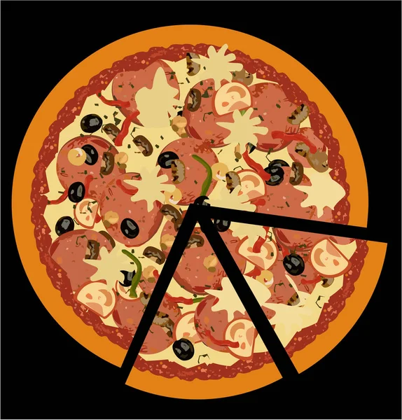 配橄榄 西红柿的美味披萨 背景是黑色的 — 图库矢量图片