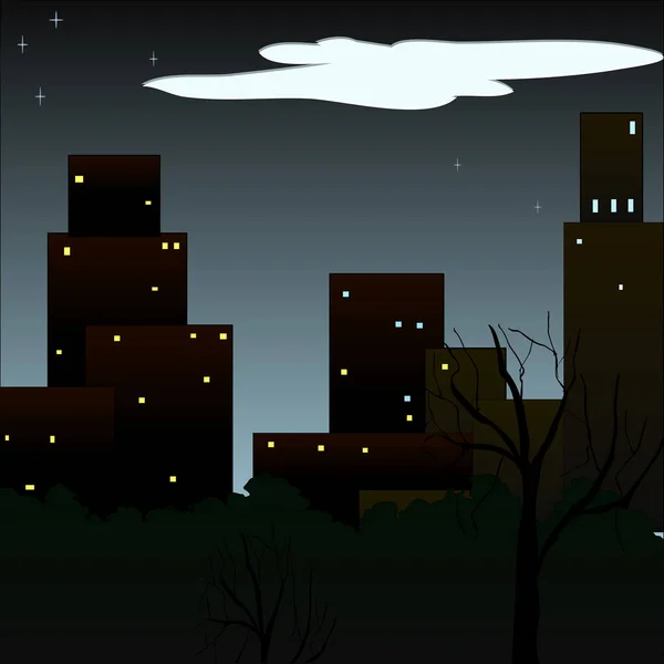 Silhouette Night City Tree Vector Illustration — Stock Vector