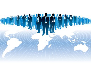 iş adamları ve dünya haritası, vektör illüstrasyonu